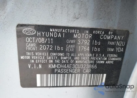2012 Hyundai Elantra Gls (Ulsan Plant) z USA, uszkodzony, nr VIN KMHDH4AE3CU323866